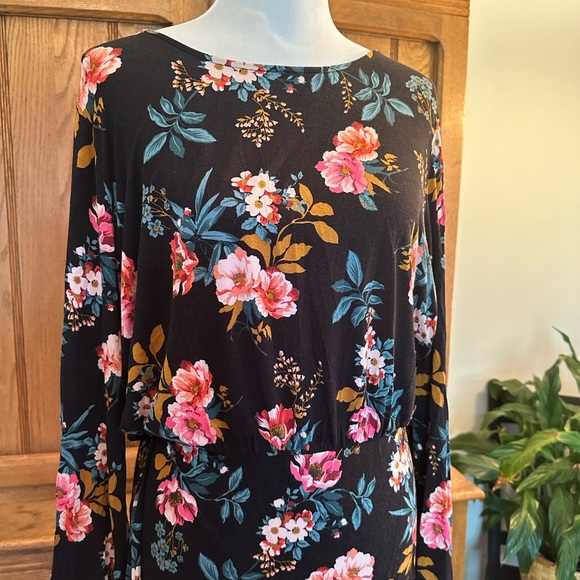 LOFT Open Back Black Floral Long-Sleeve Mini Dress Pink & Teal Accents size 14 - Picture 14 of 16
